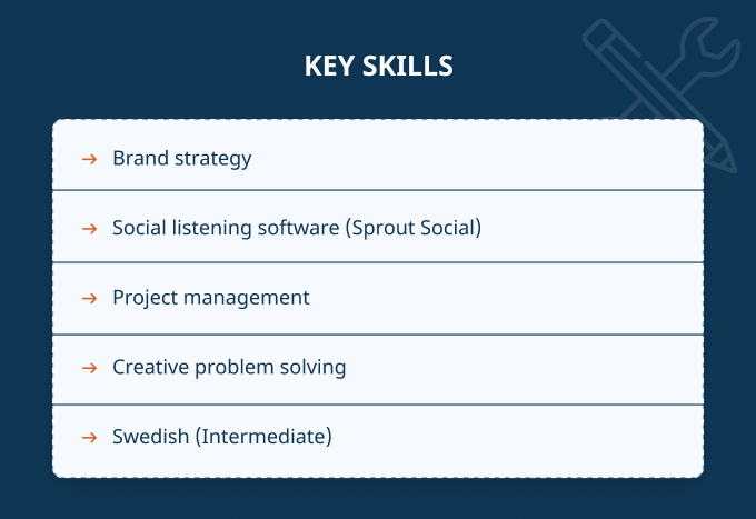 A CV key skills section which includes Swedish as a language skill