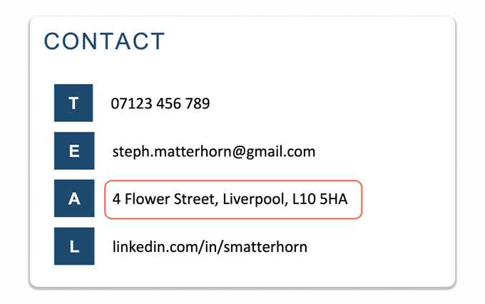 A CV contact information section with the first letter of each item in blue boxes as item headers. The applicant's address is emphasised by an orange outline.
