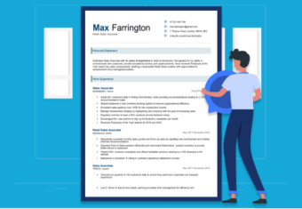 An animated person carrying a large location icon toward a CV, illustrating the 'address on CV' concept. The colour scheme features various shades of blue.