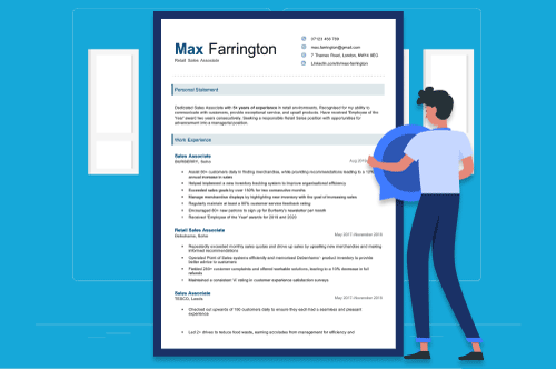 An animated person carrying a large location icon toward a CV, illustrating the 'address on CV' concept. The colour scheme features various shades of blue.