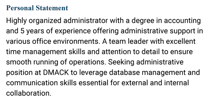 An example of a three-sentence personal statement at the top of an admin CV