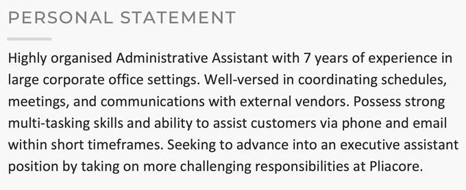 An administration CV personal statement example with dark gray text on a light gray background