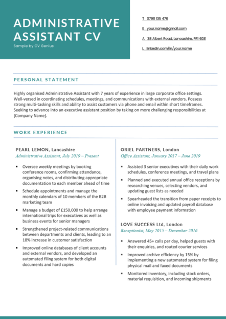 The first page of a teal-accented administrative assistant CV example with a two-column header followed by a personal statement and work experience section