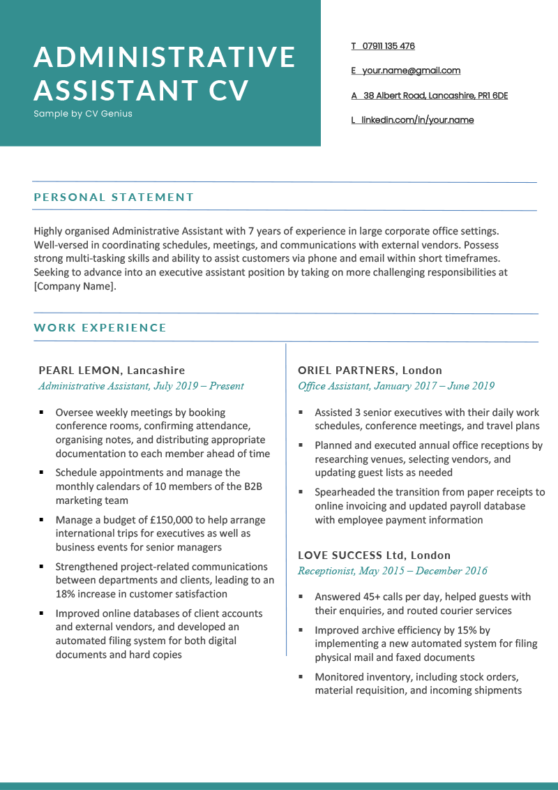 The first page of a teal-accented administrative assistant CV example with a two-column header followed by a personal statement and work experience section