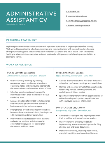 The first page of a teal-accented administrative assistant CV example with a two-column header followed by a personal statement and work experience section