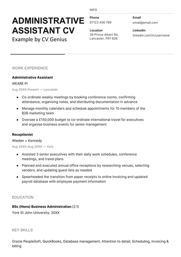The first page of a teal-accented administrative assistant CV example with a two-column header followed by a personal statement and work experience section