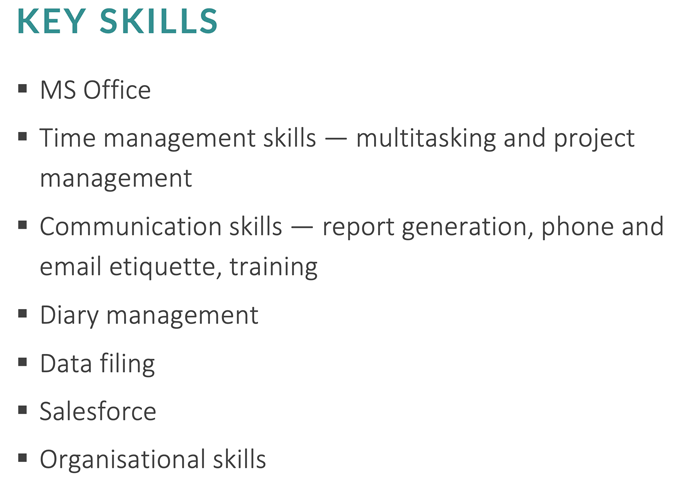 Example of a skills section with a teal header on an administrative assistant CV 