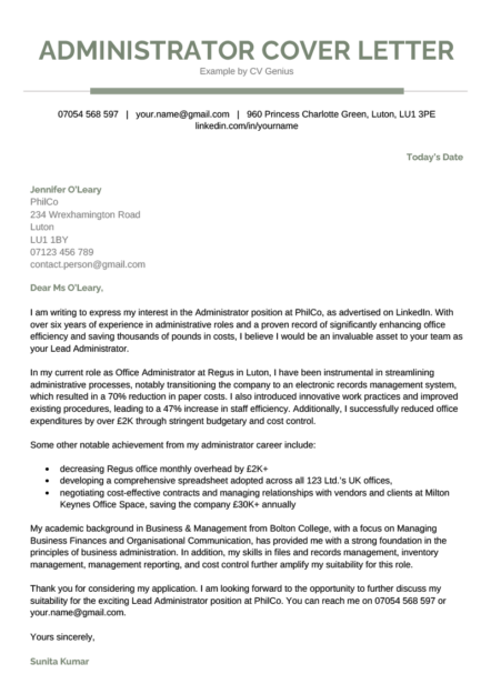 An administrator cover letter example in a green template with professional formatting.