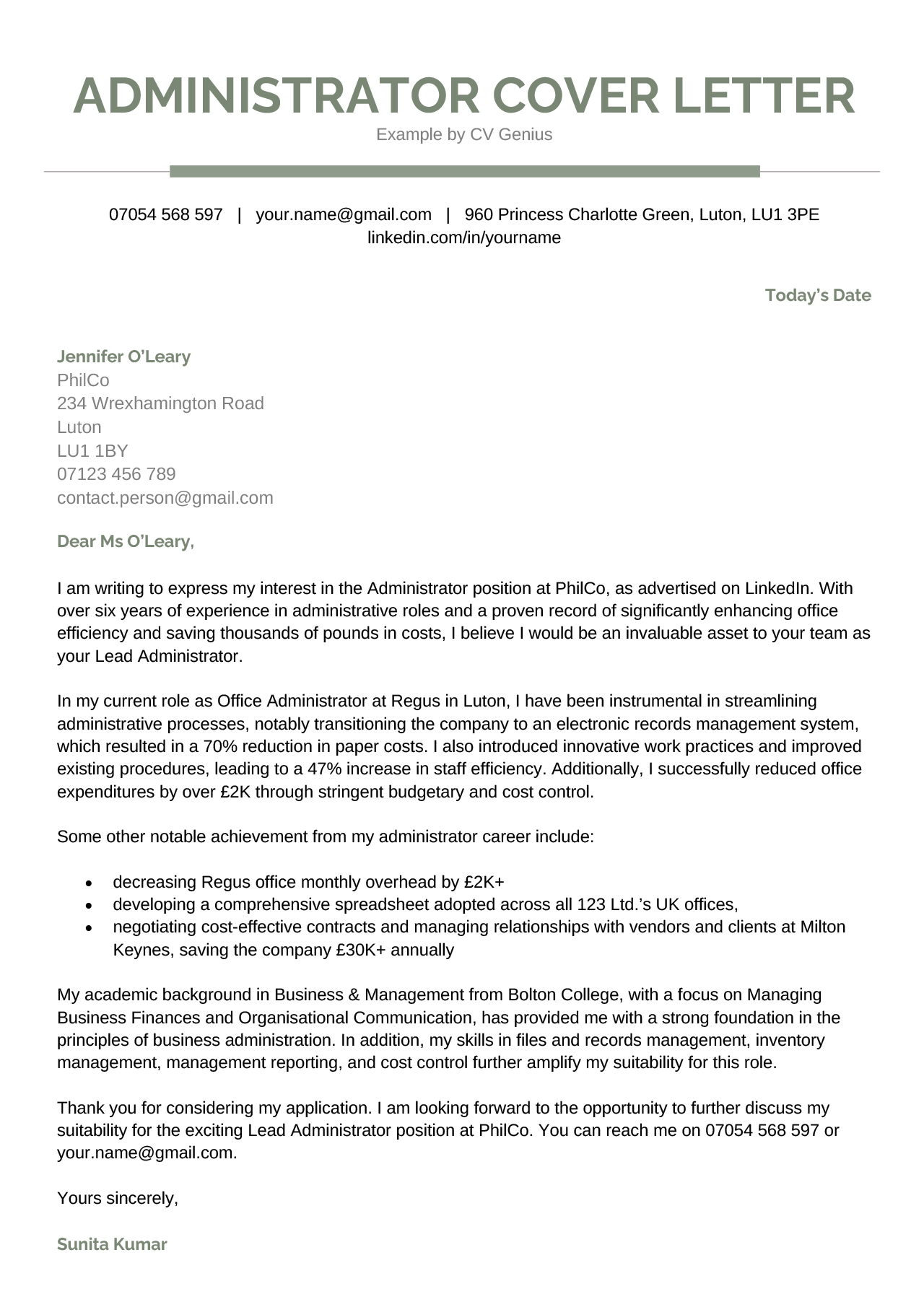 An administrator cover letter example in a green template with professional formatting.
