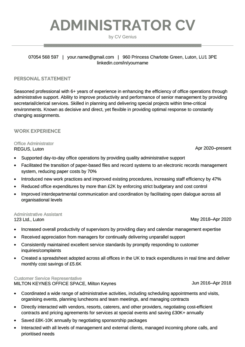 An administrator CV example