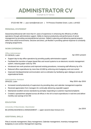 The first page of an administrator CV example.