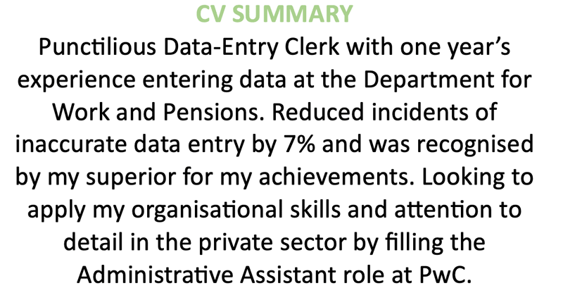 An administrative CV summary with a light green title.