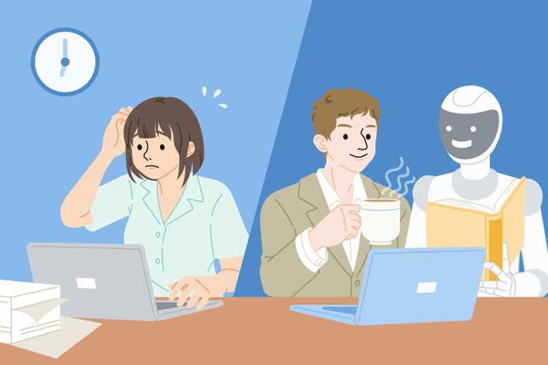 A man is happily working with an AI robot whereas a woman is stressed out while working alone