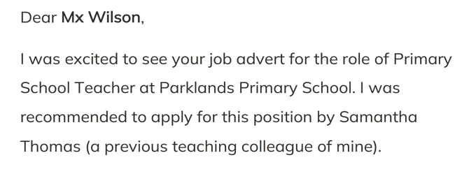 An alternative cover letter greeting instead of dear sir or madam for a primary school teacher role