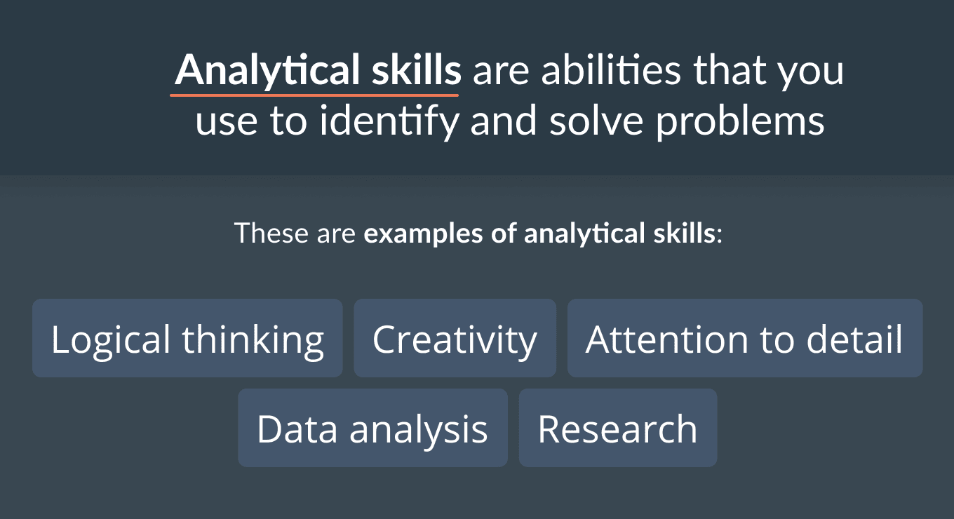 An infographic with the analytical skills meaning at the top and analytical skills examples in blue bubbles at the bottom.