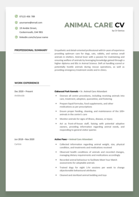 A pale green animal care CV featuring the applicant's contact information and personal statement, as well as two work experience entries.