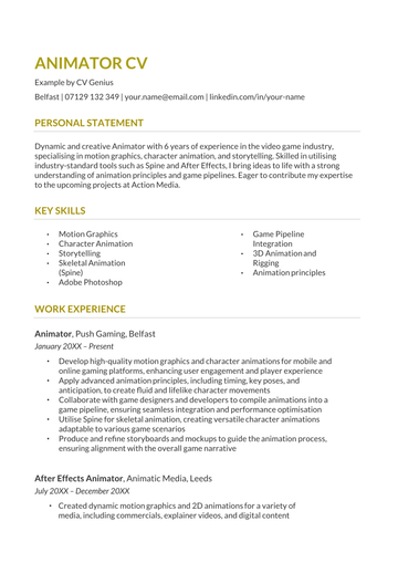 The first page of an animation CV example.
