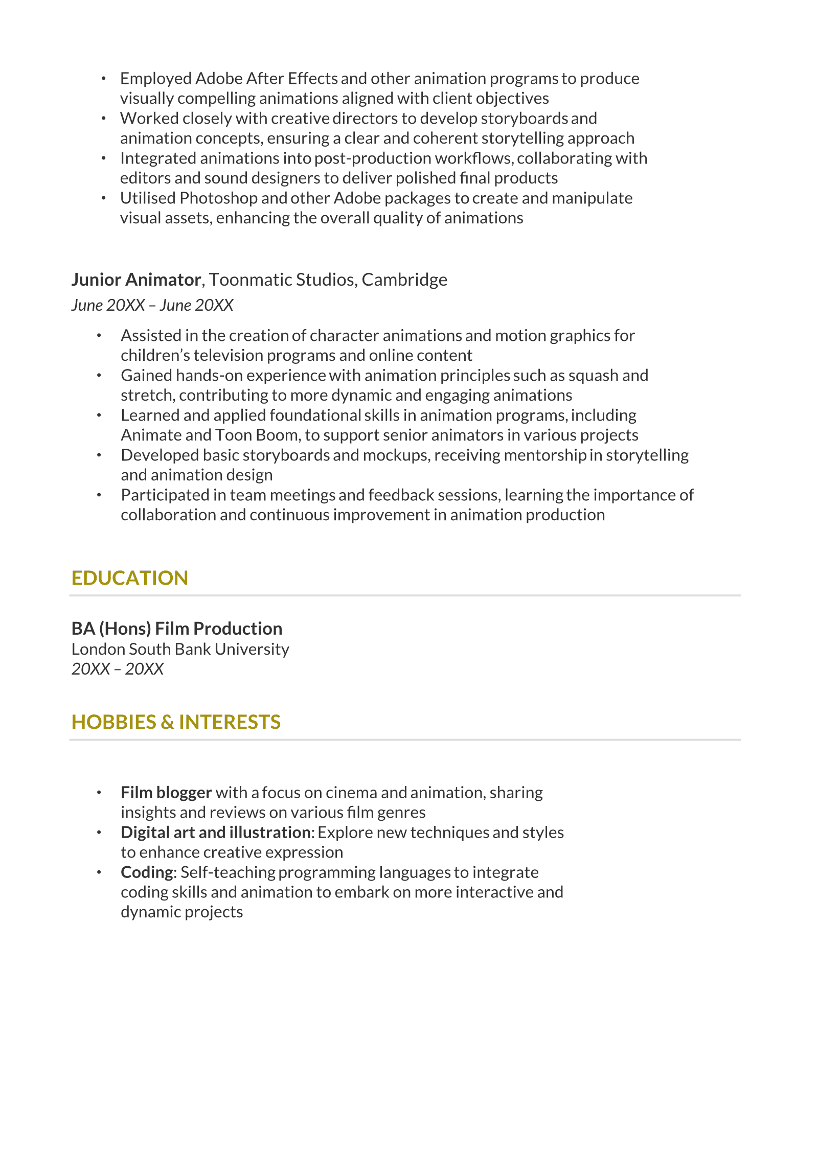 Animation CV Example & Writing Guide for 2025