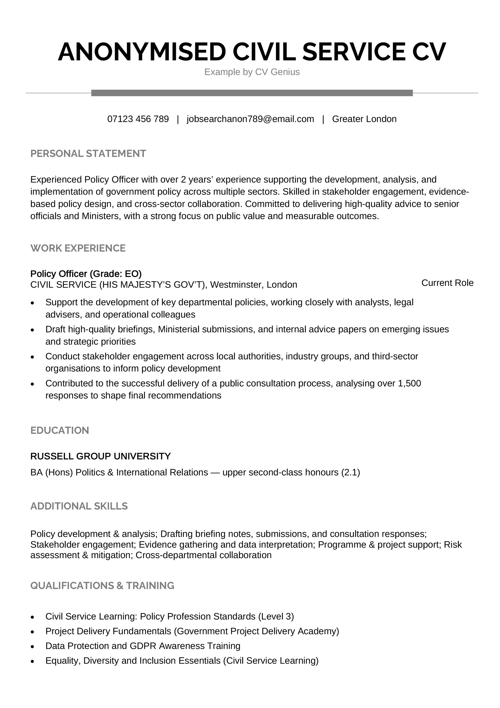 An anonymised CV for the Civil Service example.