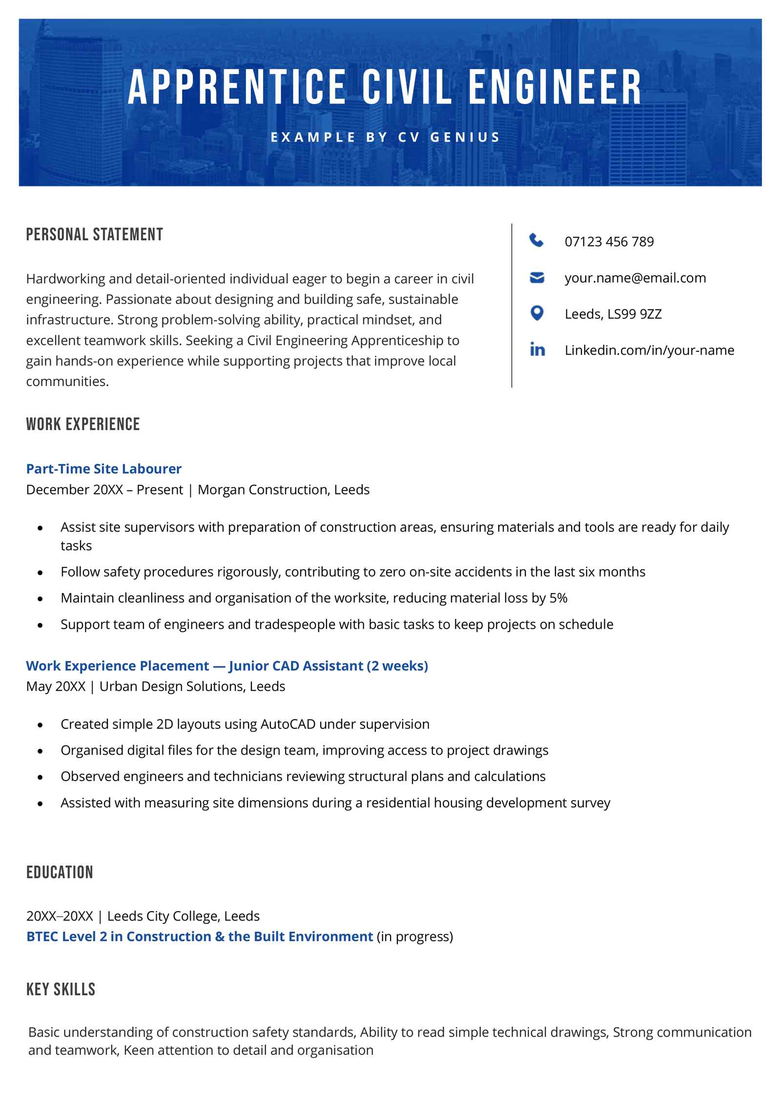 An apprentice civil engineer CV example.