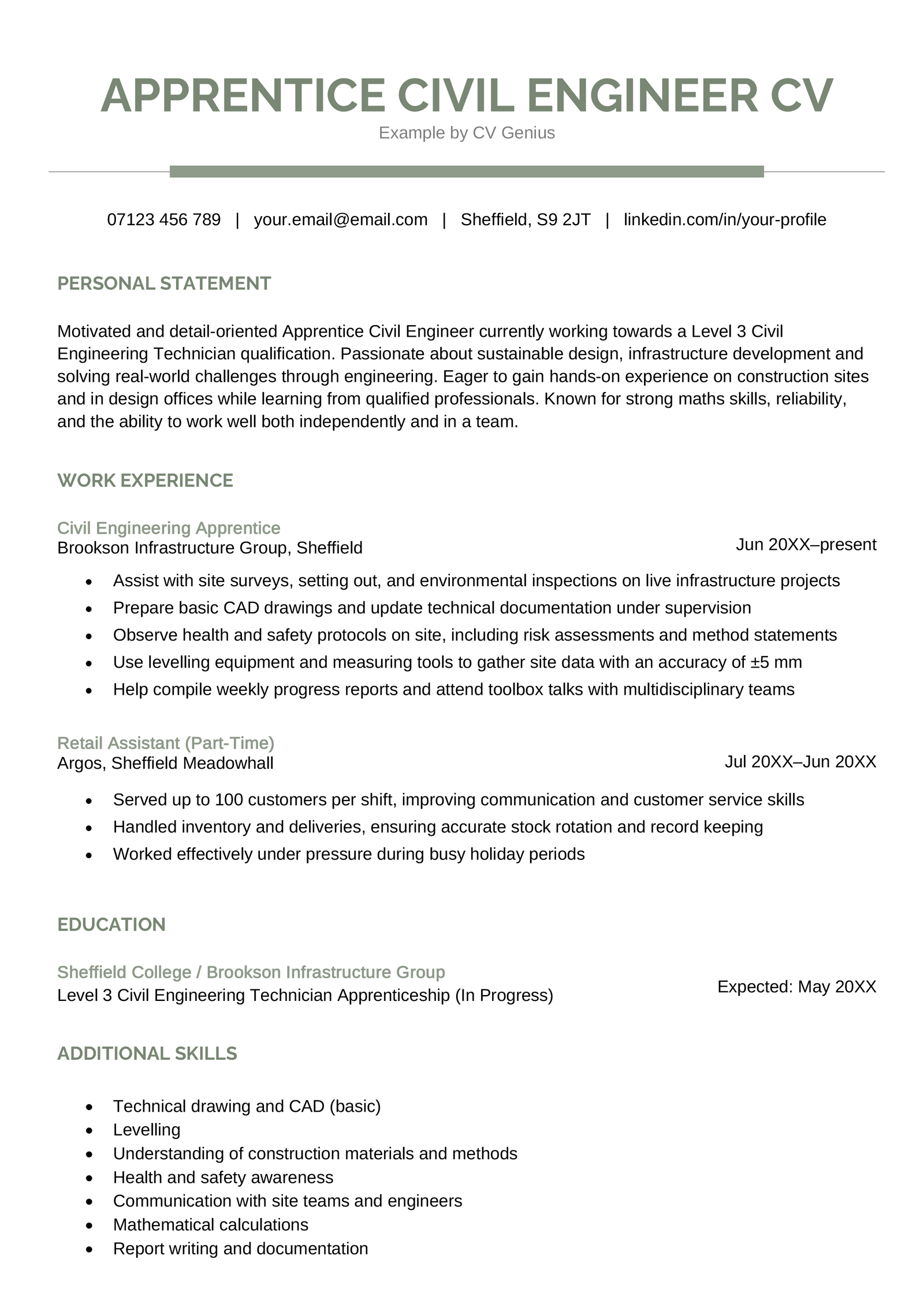 An apprentice civil engineer CV example.