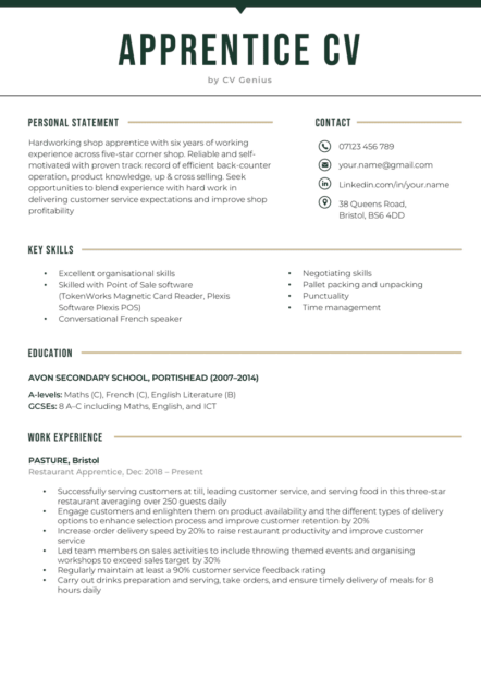 An apprenticeship CV example in a green-themed template.
