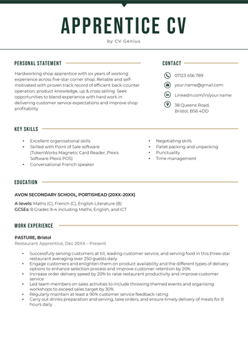 An apprenticeship CV example in a green-themed template.