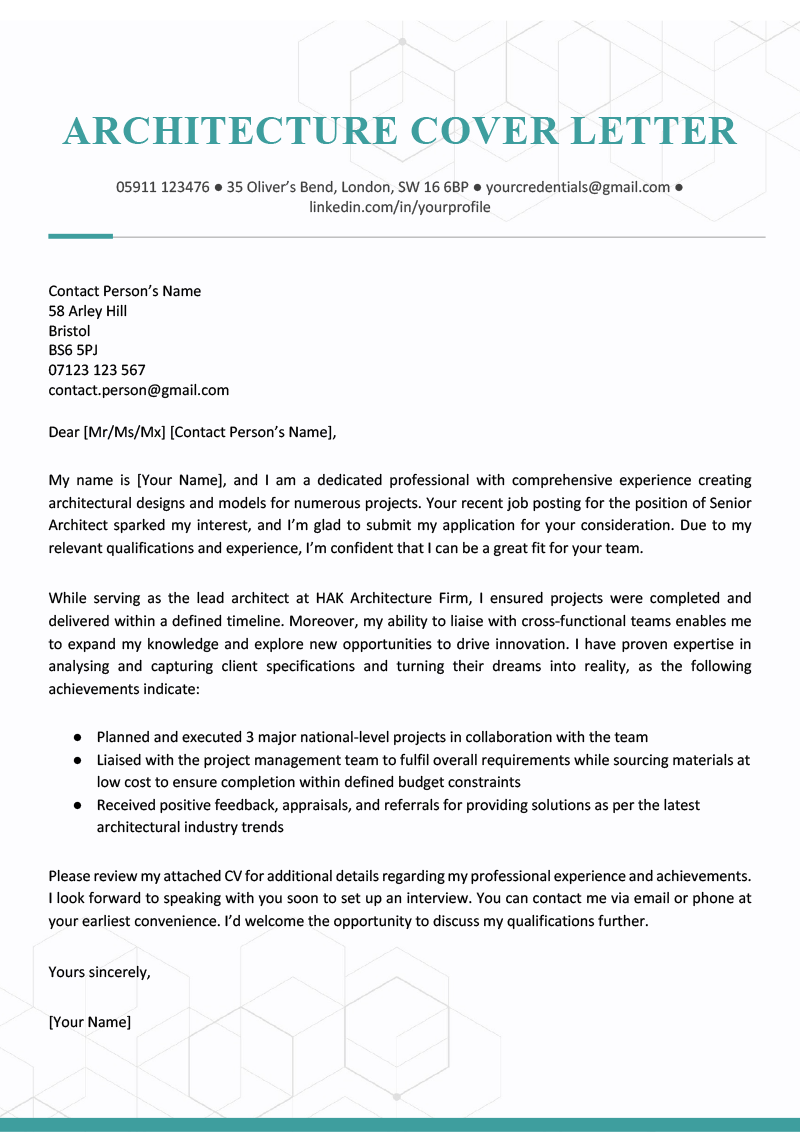 An architecture cover letter example with a green header and subtle geometric design in the background