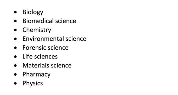 Bulleted list of diploma and degree level subject areas that employers look for on lab technician CVs including biology, biomedical science, forensic science, pharmacy, and life sciences.