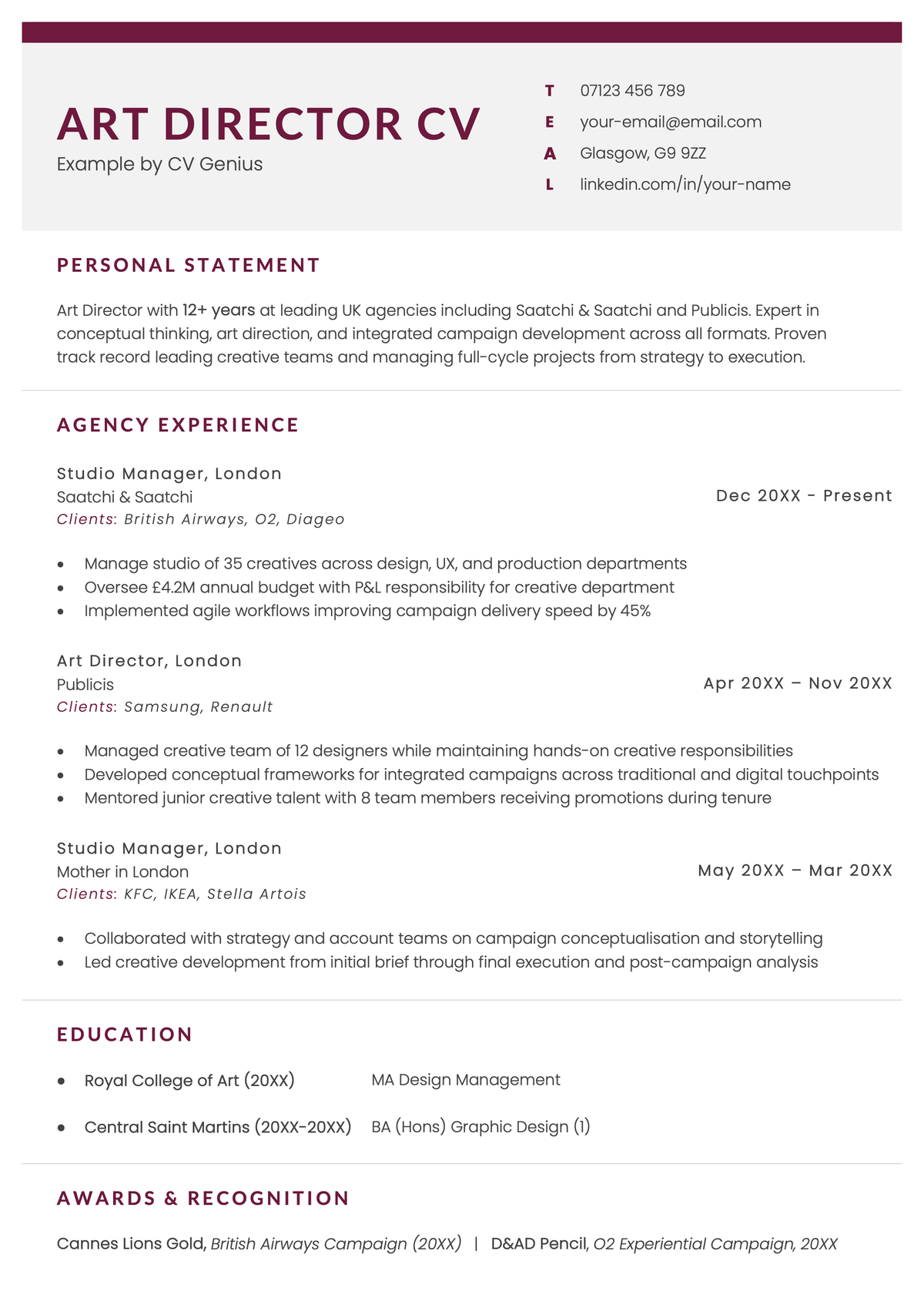 An example art director CV