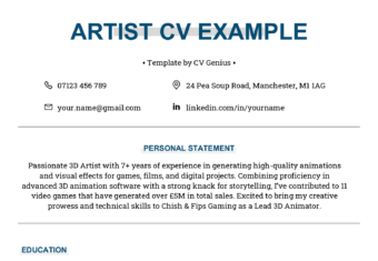 An artist CV example in a light blue and grey template with left-aligned content.