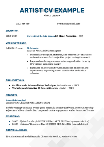 An artist CV example in a light blue and grey template with left-aligned content.