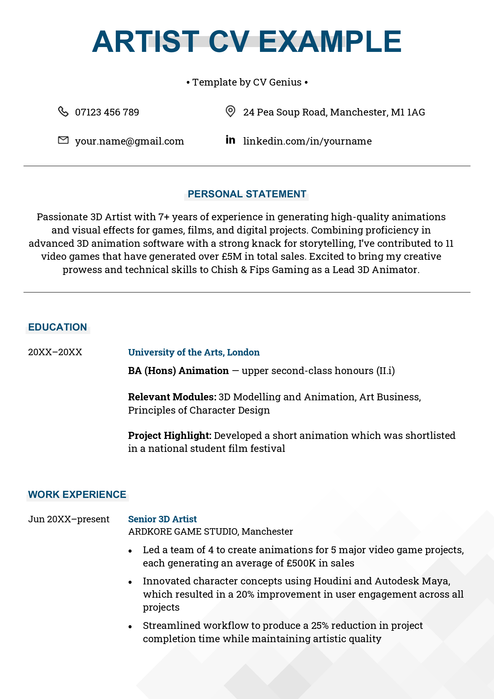 An artist CV example in a light blue and grey template with left-aligned content.
