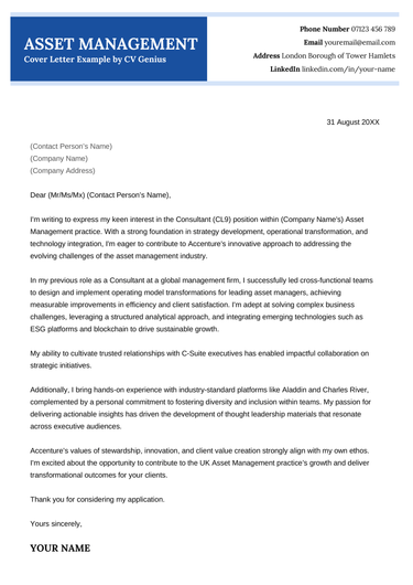 An asset management cover letter example for UK job seekers.