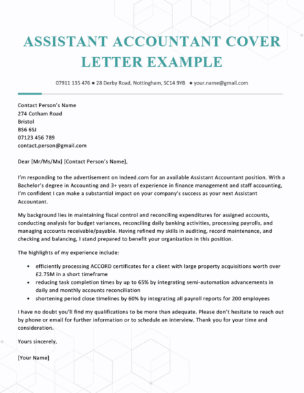 An assistant accountant cover letter example on a template with teal blue headers to highlight the applicant's top qualifications throughout their opening, body, and closing paragraph sections.