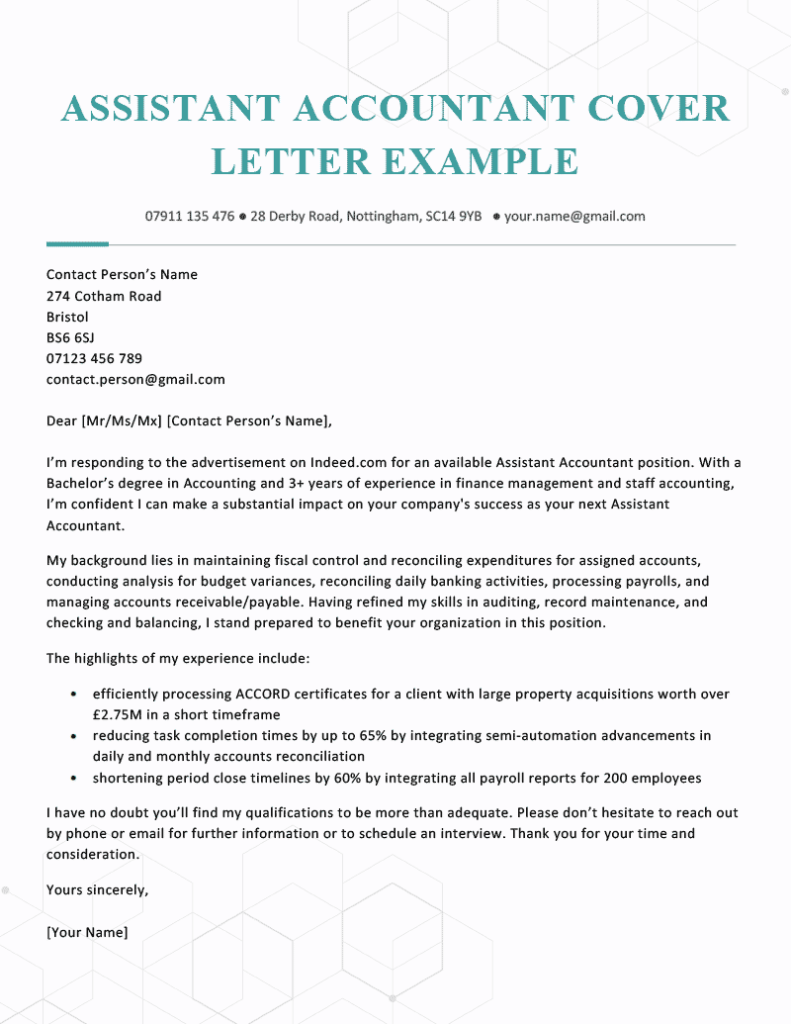 cover letter for accounts assistant sample