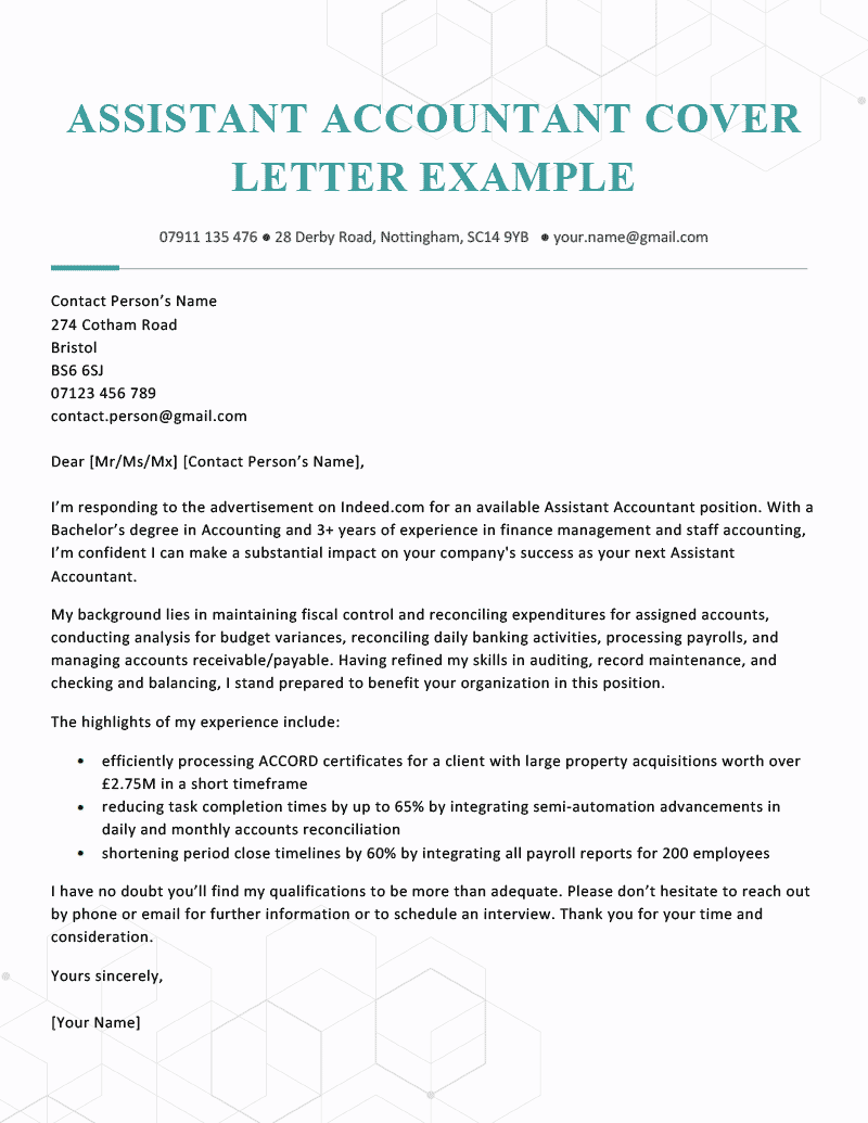 Assistant Accountant Cover Letter Example 