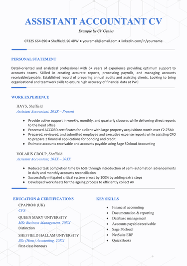 The first page of a blue-themed assistant accountant CV example with the applicant's contact information, professional summary, and work experience.