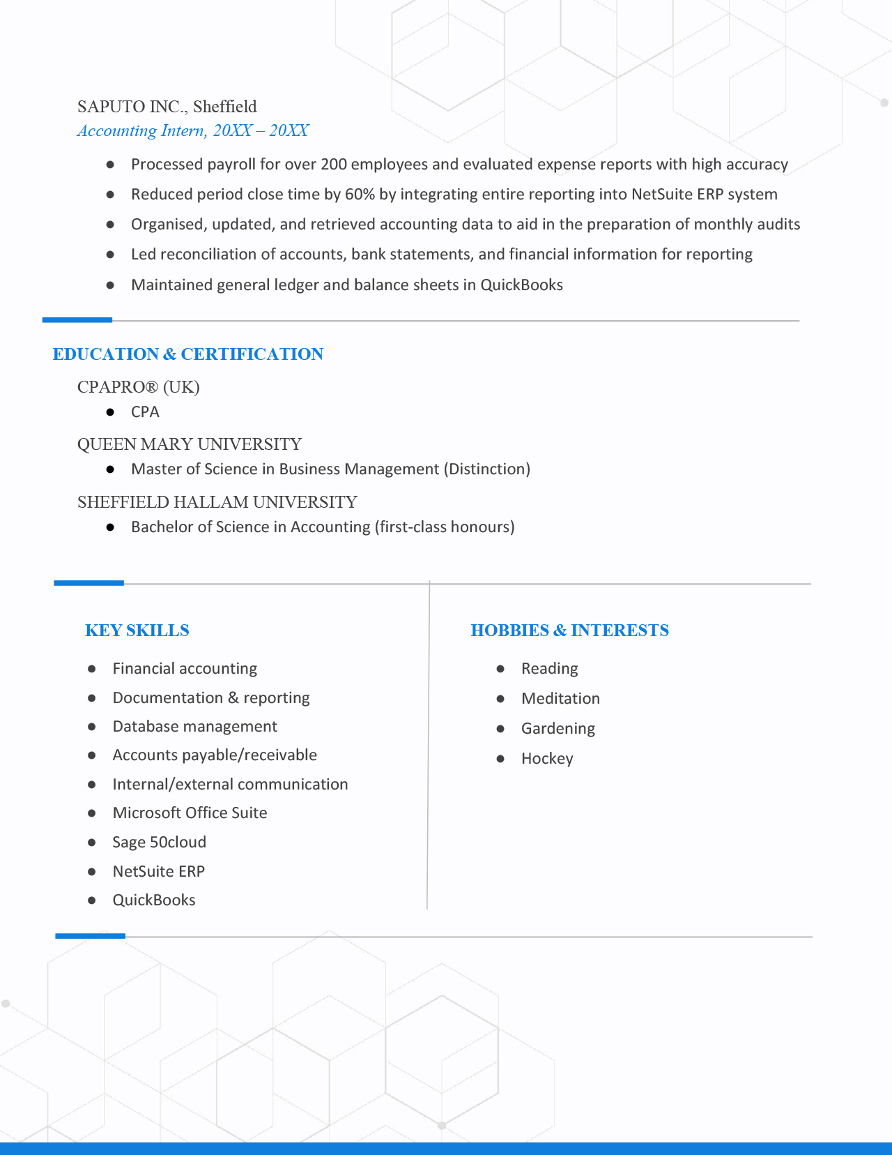 The second page of a blue-themed assistant accountant CV example.