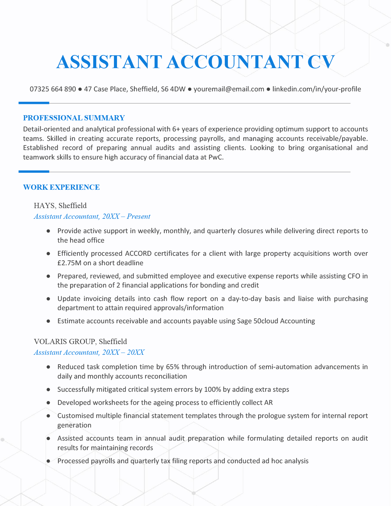 The first page of a blue-themed assistant accountant CV example with the applicant's contact information, professional summary, and work experience.