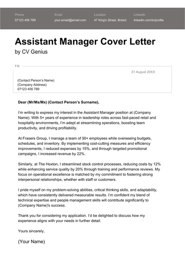 An assistant manager cover letter example for UK job seekers.