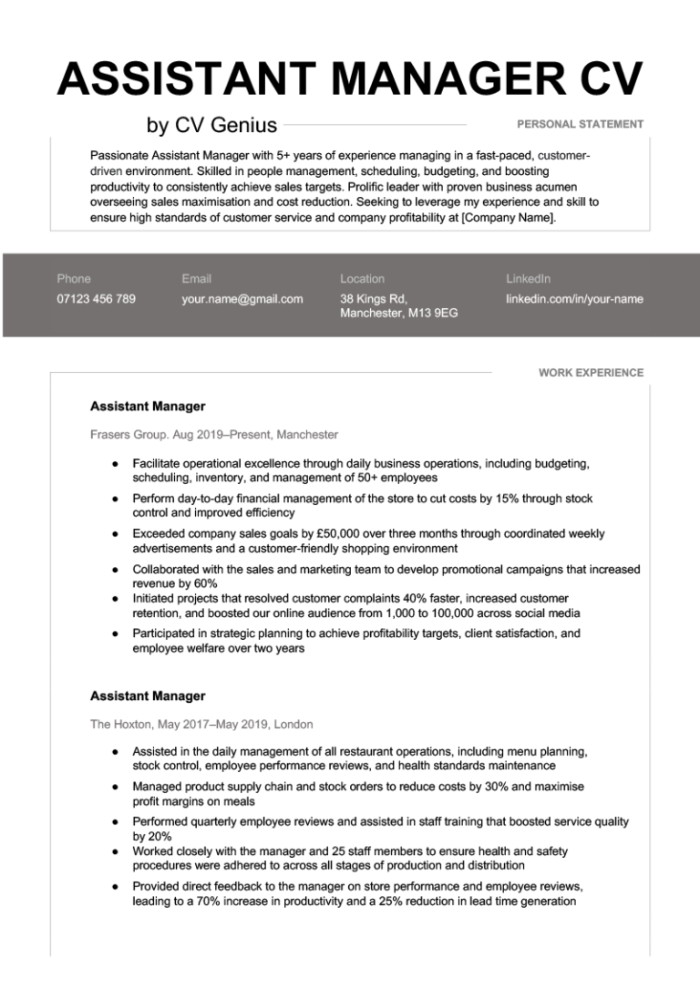 Assistant Manager CV - Example & Template (Free Download)