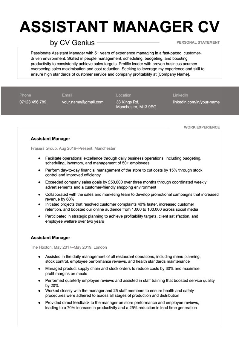 An assistant manager CV using a gray template, written by an applicant with over five years of experience.