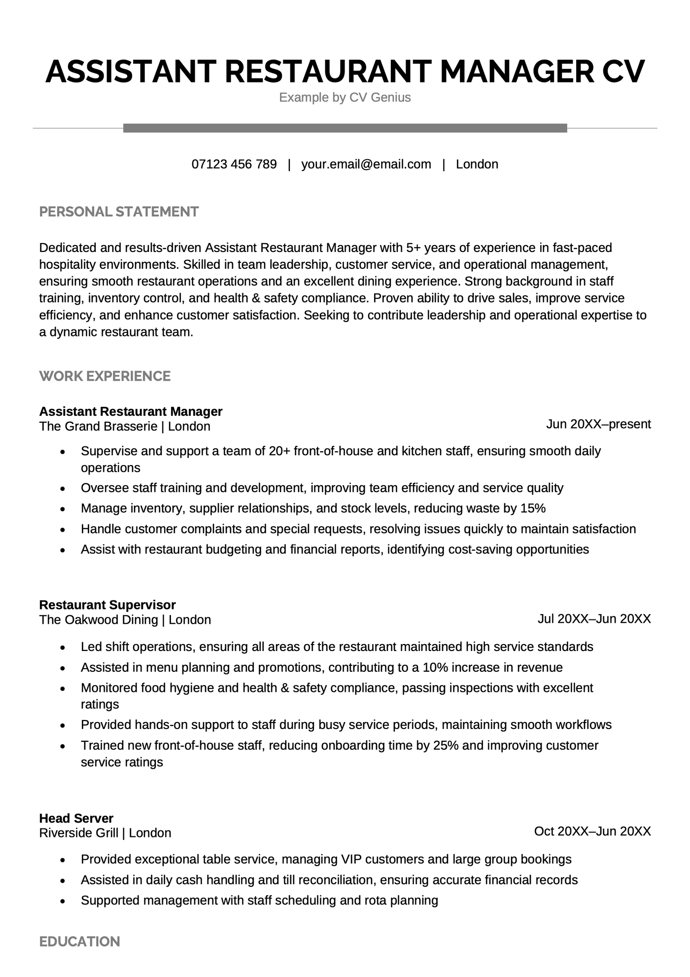 An assistant restaurant manager CV example.