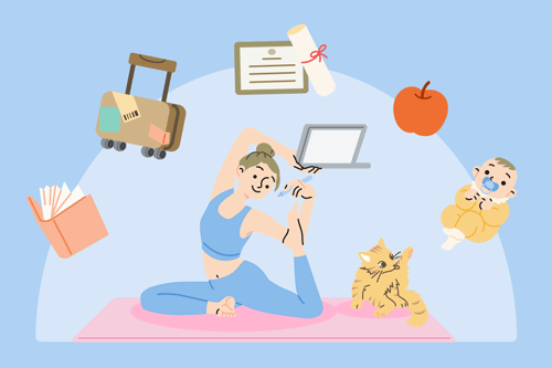 une femme jongle sa vie professionnelle et sa vie personnelle avec succès, représentés par le fait qu'elle fait du yoga tout en tenant son ordinateur, entourée d'éléments visuels renvoyant à ses centres d'intérêt, sa formation et sa famille.