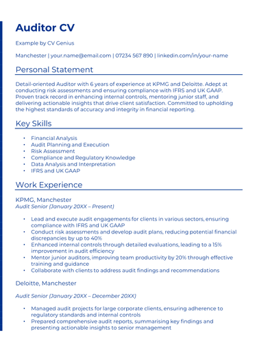 The first page of an audit CV example.