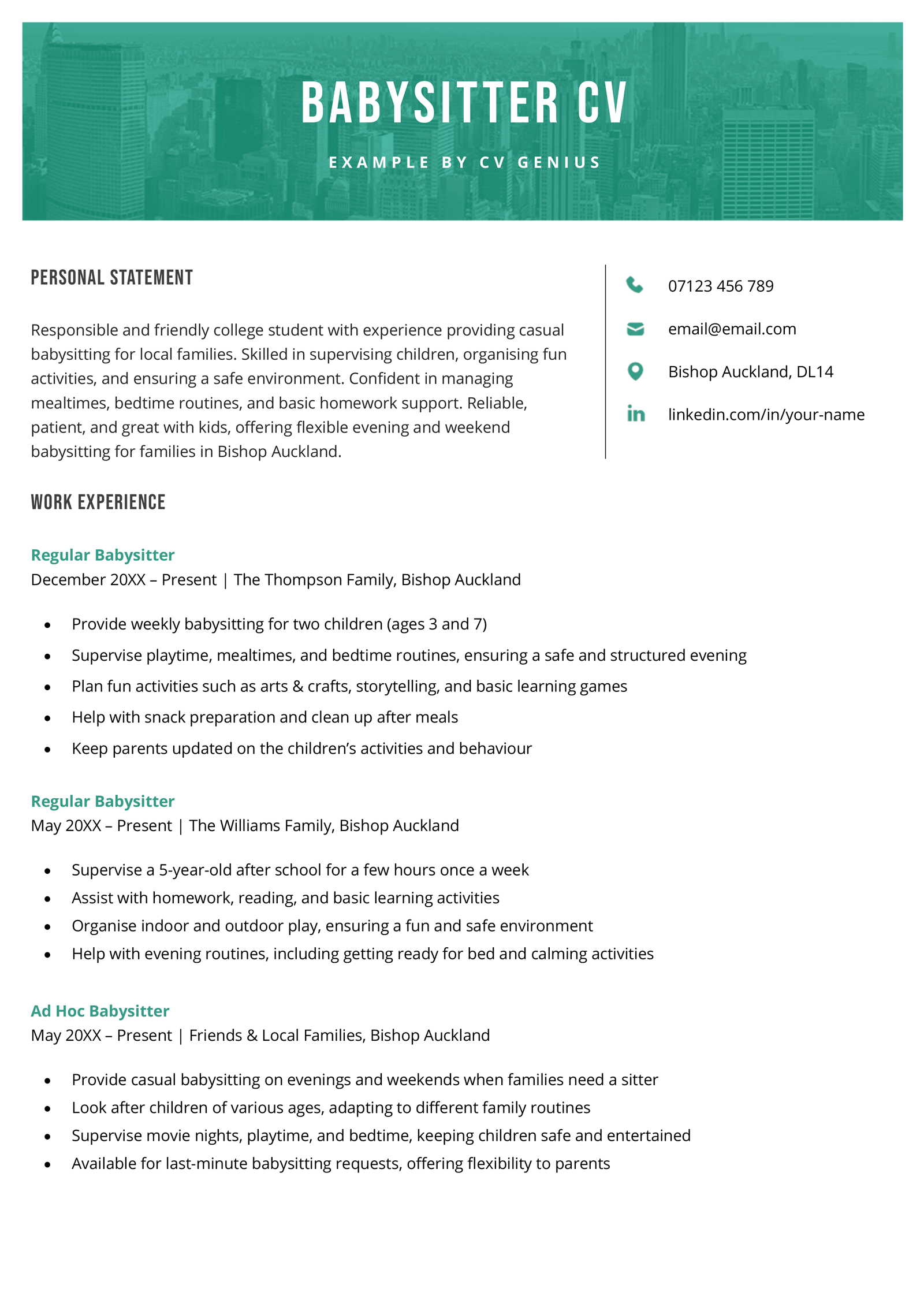 A babysitter CV example.