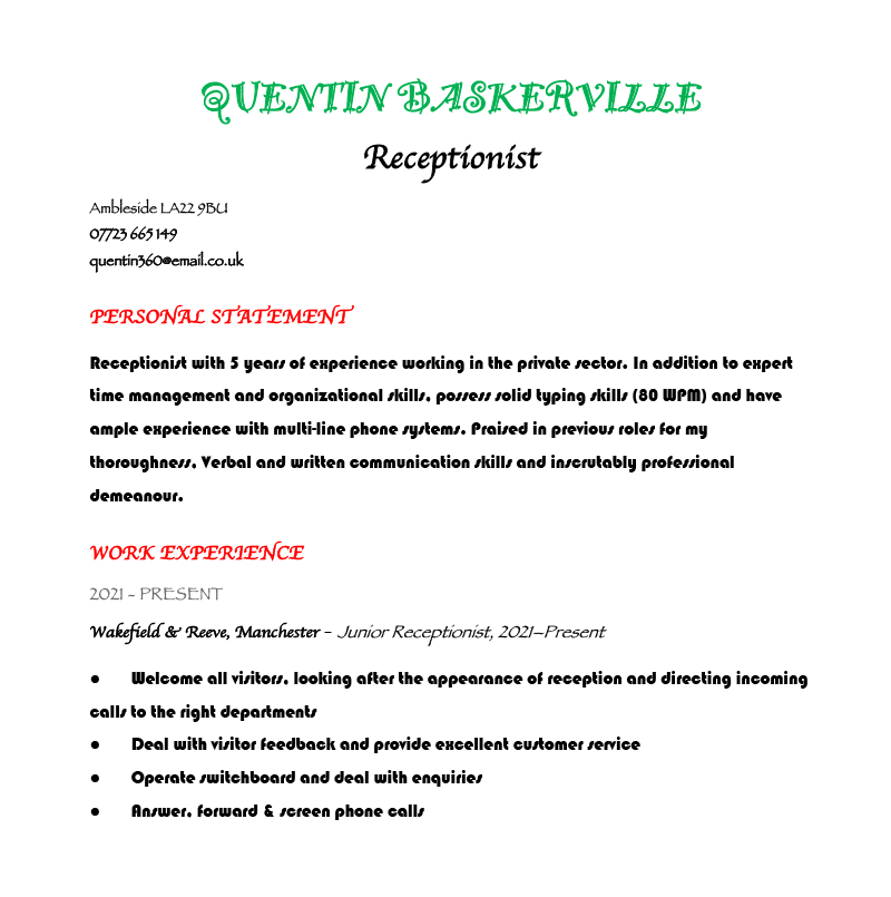A bad CV example is written using decorative fonts in vibrant unprofessional colours.