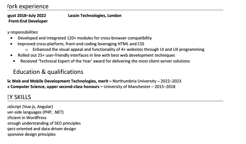 A bad CV example with poor formatting, including misaligned bullet points and clipped margins.