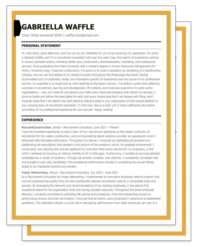 A very long and wordy CV with each section written in lengthy, rambling sentences.